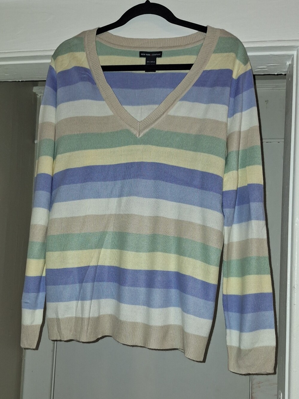 New York & Company Pastel Multi-Stripe V-Neck Sweater
